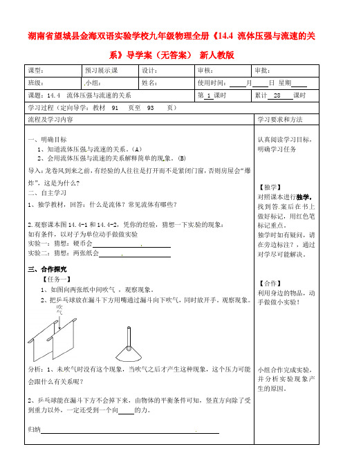 湖南省望城县金海双语实验学校九年级物理全册《14.4 流体压强与流速的关系》导学案(无答案) 版