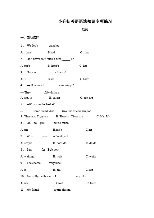 小升初英语语法专项练习-【动词】全国通用(含答案及详细解析)