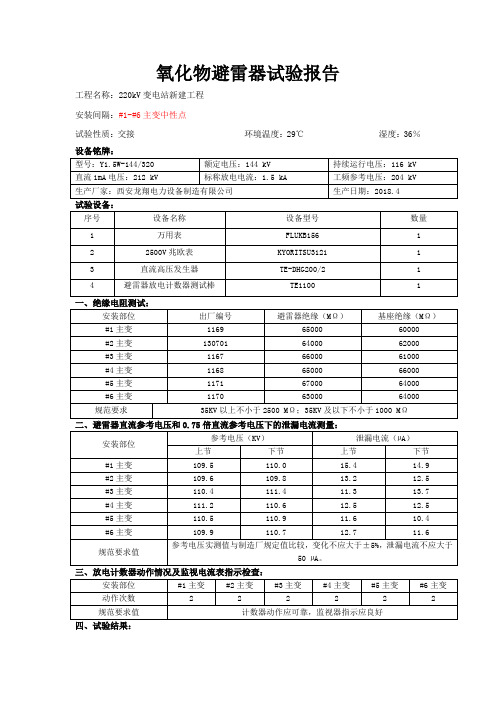 主变中性点氧化物避雷器试验报告