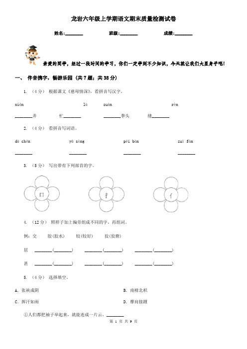 龙岩六年级上学期语文期末质量检测试卷