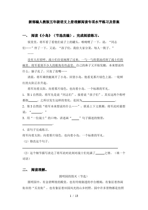 新部编人教版五年级语文上册理解阅读专项水平练习及答案