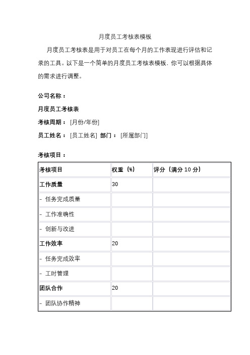 月度员工考核表模板