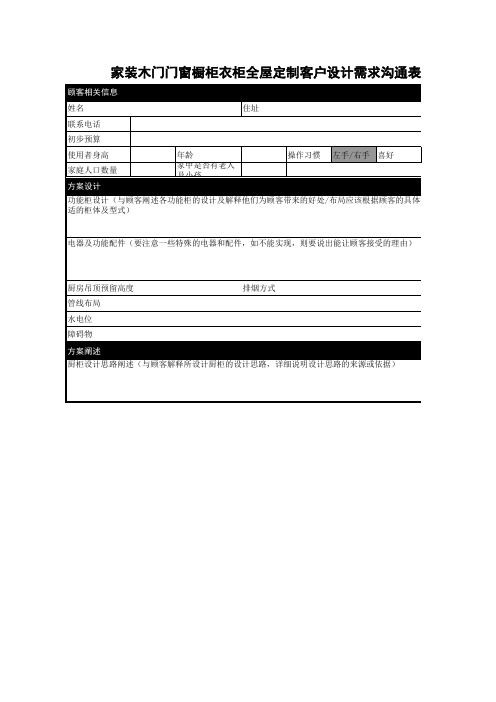 家装木门门窗橱柜衣柜全屋定制客户设计需求沟通表