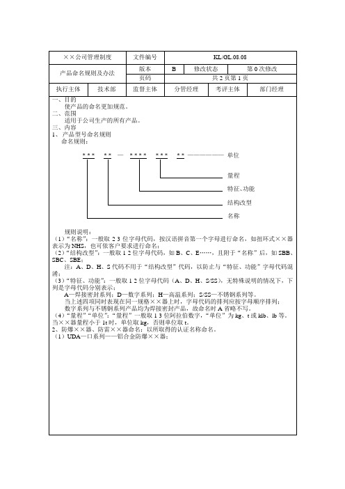 产品命名规则及办法