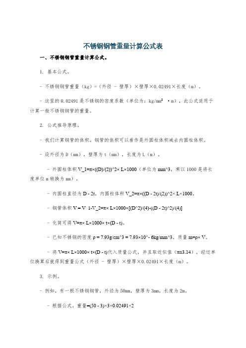 不锈钢钢管重量计算公式表