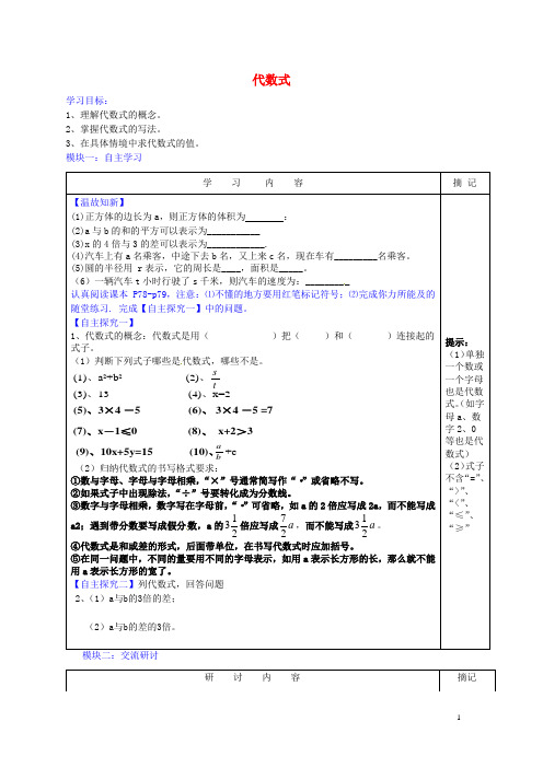 广东省河源中国教育学会中英文实验学校七年级数学上册 第3章 第2节《代数式》讲学稿1(无答案)(新版