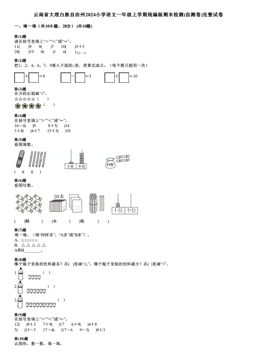 云南省大理白族自治州2024小学语文一年级上学期统编版期末检测(自测卷)完整试卷