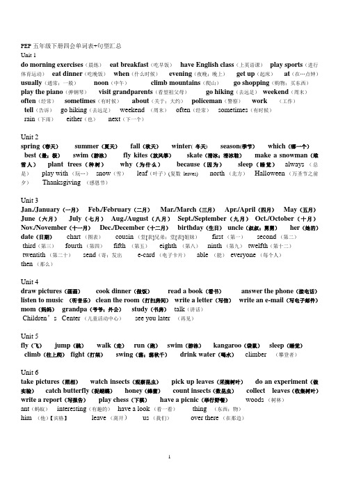 PEP五年级下册四会单词表和句子