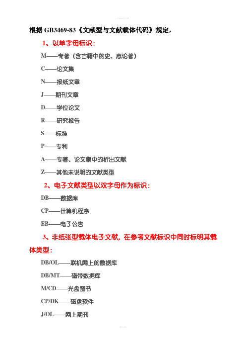 GB3469-83《文献型与文献载体代码》规定以单字母标识