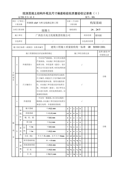 现浇混凝土结构外观及尺寸偏差检验批质量验收记录表