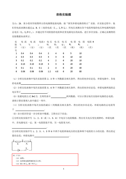 上海市各区2019届中考物理一模试卷按考点分类汇编表格实验题