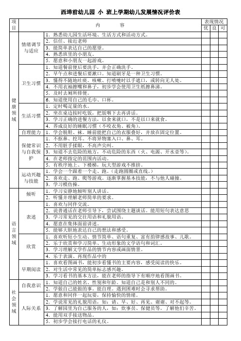 幼儿园小班上学期发展评价表