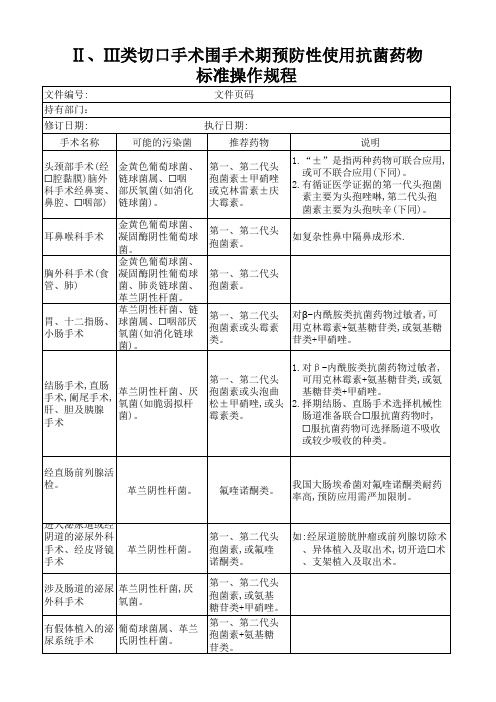 Ⅱ、Ⅲ类切口手术围手术期预防性使用抗菌药物标准操作规程