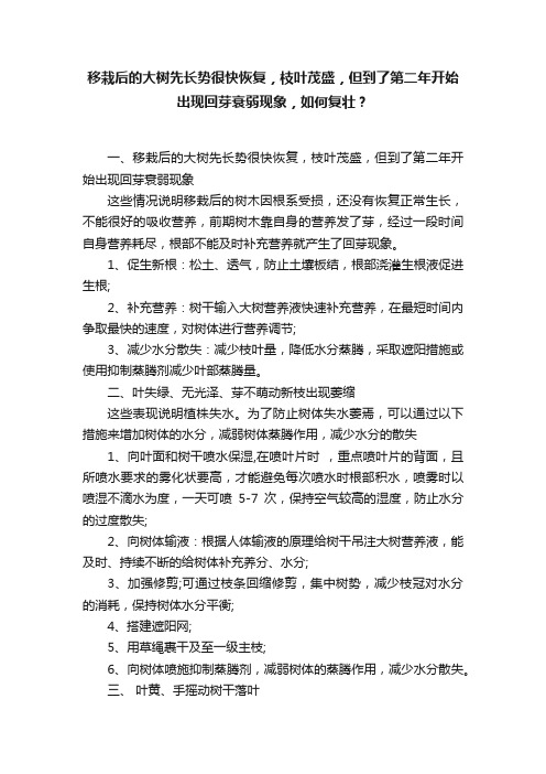 移栽后的大树先长势很快恢复，枝叶茂盛，但到了第二年开始出现回芽衰弱现象，如何复壮？