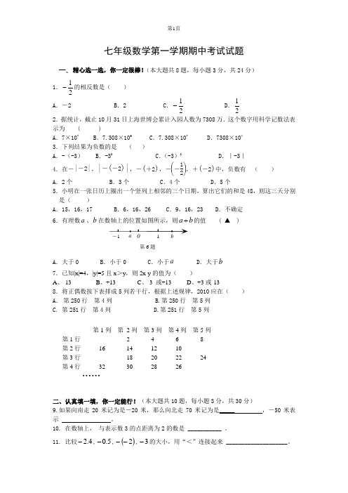 2010-2011学年度七年级数学上册期中试题及答案[1]1