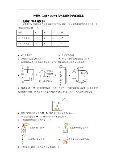 沪教版(上海)2020年化学上册期中试题及答案