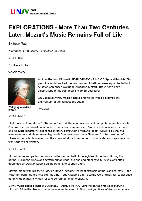 EXPLORATIONS - More Than Two Centuries Later, Mozart's Music Remains Full of Life