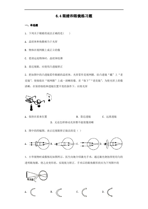 北师大版八年级下册物理6.4眼睛和眼镜练习试题(无答案)