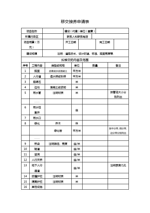 工程移交接养相关资料表