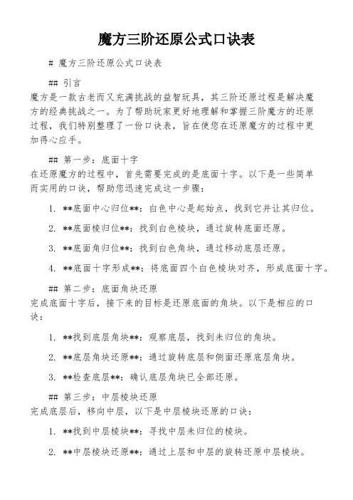 魔方三阶还原公式口诀表