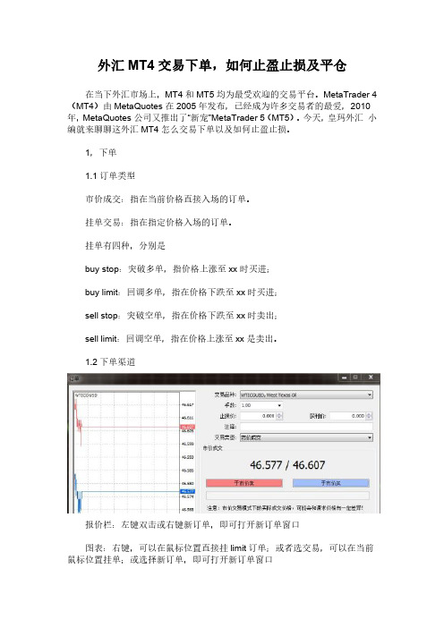 外汇MT4交易下单,如何止盈止损及平仓