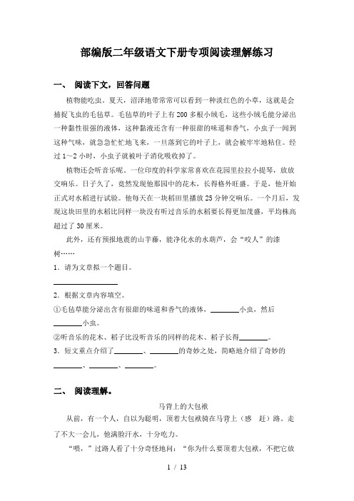 部编版二年级语文下册专项阅读理解练习