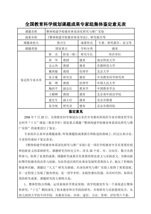 全国教育科学规划课题成果专家组集体鉴定意见表