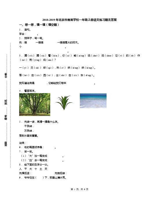 2018-2019年北京市育英学校一年级上册语文练习题无答案