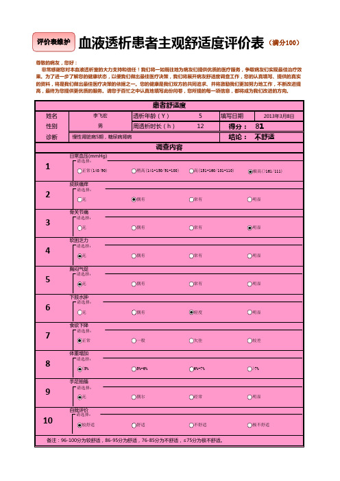 血液透析患者主观舒适度评价表