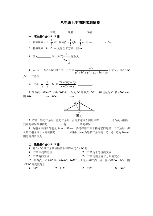 八年级数学上学期期末测试卷3