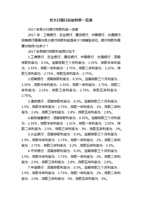 各大行银行存款利率一览表