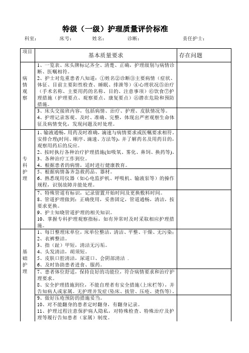 特级护理质量评价标准