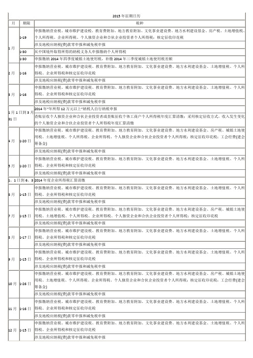 2015年征期日历