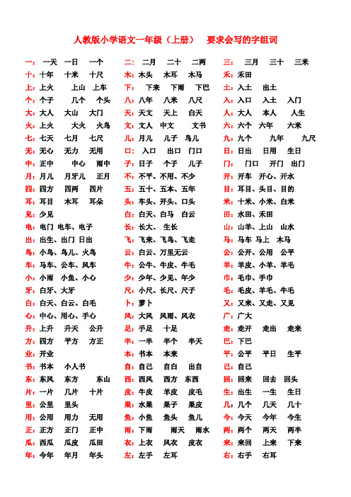 人教版语文一年级上册生字组词(会写的100生字)打印版