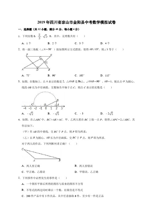 四川凉山金阳县2019中考数学模拟试题及答案