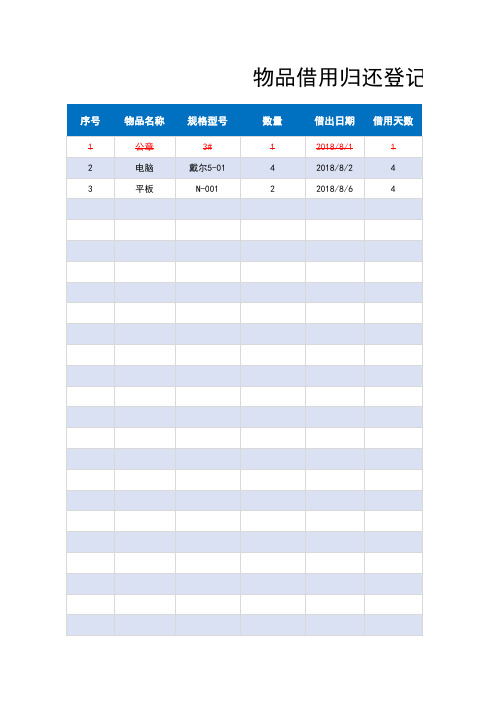 日常办公物品借用归还登记表Excel模板