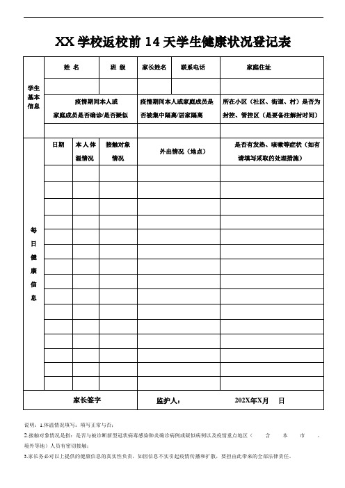 202X年疫情复学前14天学生健康状况登记表