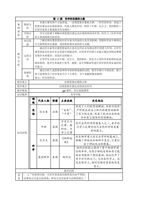 最新整理历史教案第22课科学和思想的力量.doc