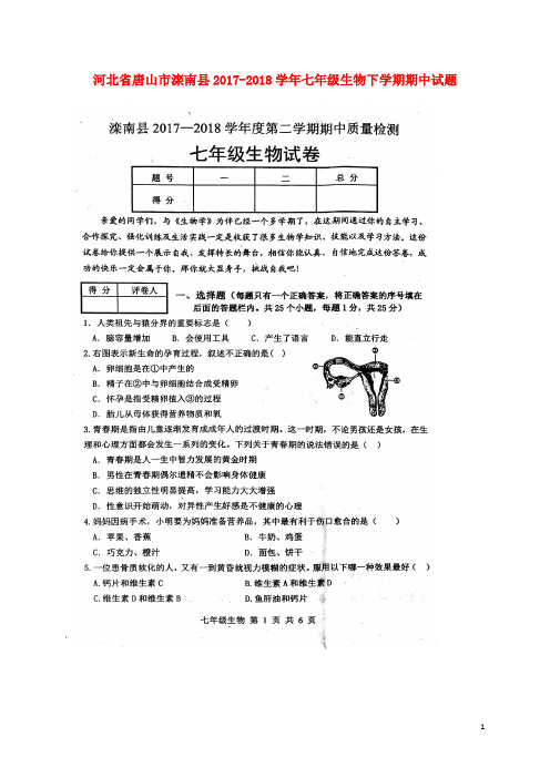 河北省唐山市滦南县七年级生物下学期期中试题(扫描版)