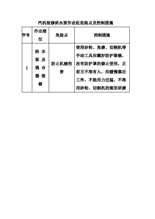 汽机检修班水泵作业组危险点及控制措施