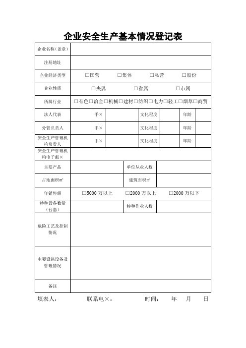 企业安全生产基本情况登记表参考模板范本