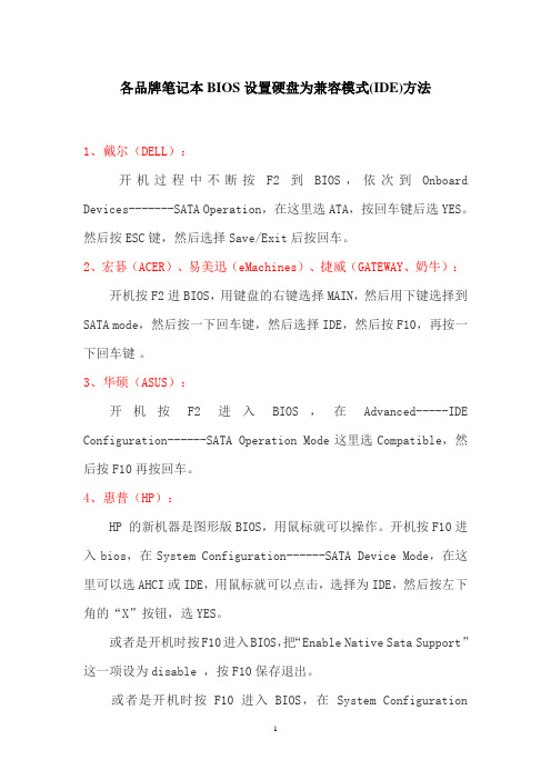 各品牌笔记本BIOS设置硬盘为兼容模式(IDE)方法