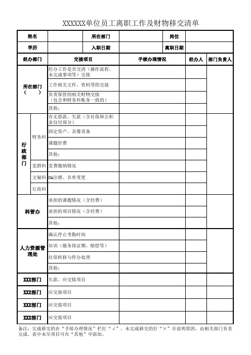 工作及财物移交清单