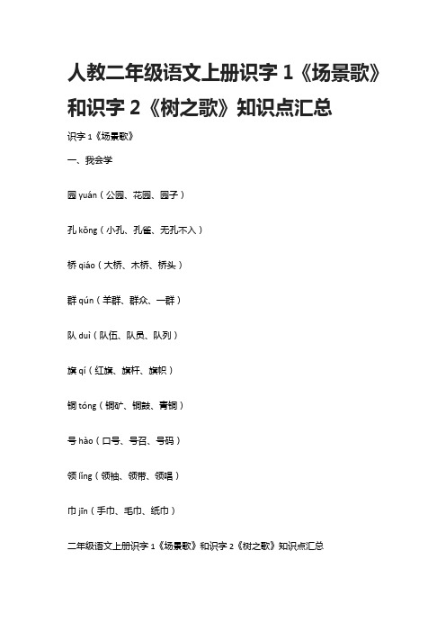 人教二年级语文上册识字1《场景歌》和识字2《树之歌》知识点汇总