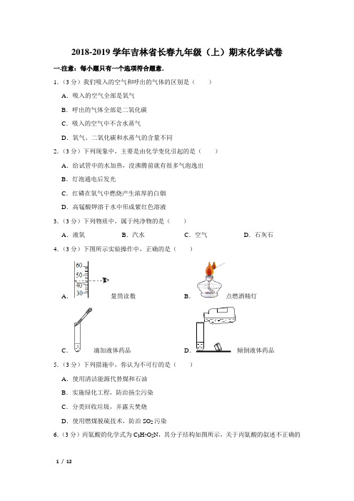 【精品初三化学试卷】2018-2019学年吉林省长春九年级(上)期末化学试卷+答案