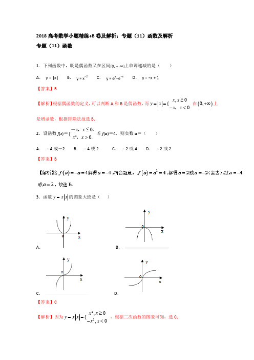 2018高考数学小题精练+B卷及解析：专题(11)函数及解析 含答案