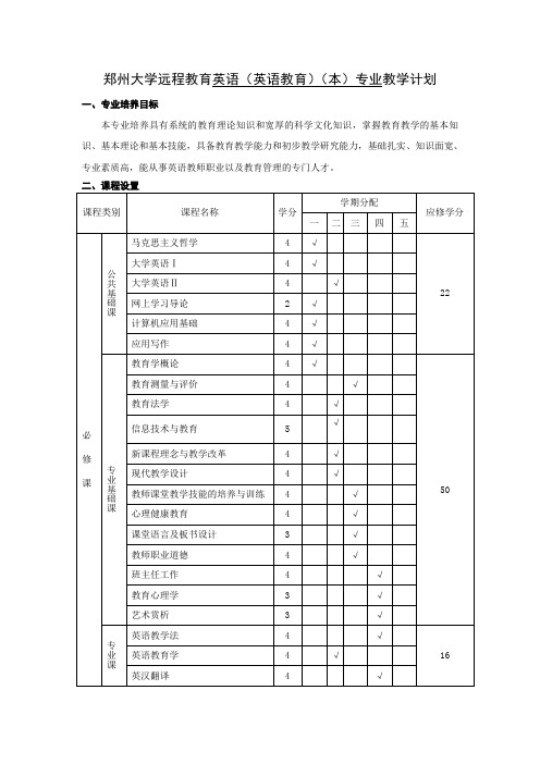 郑州大学远程教育英语(英语教育)(本)专业教学计划