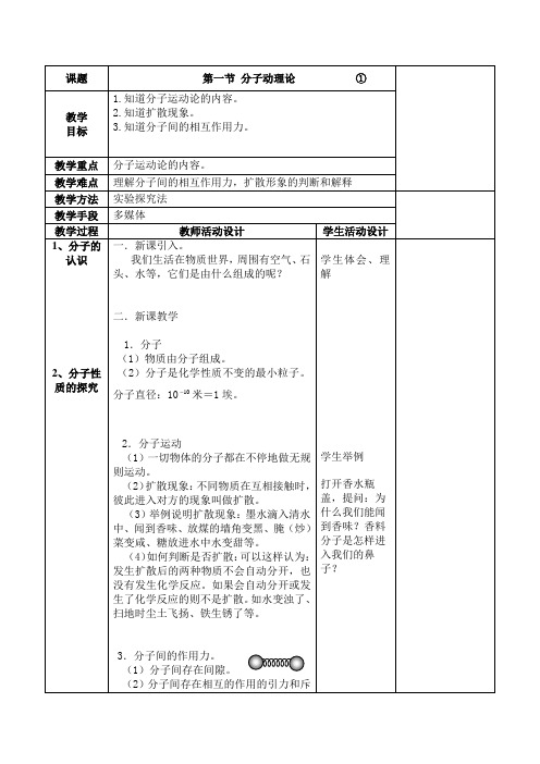 人教版选修(1-2)第一章《分子动理论 内能》教案