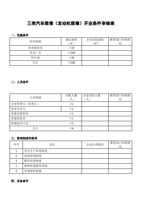 三类汽车维修(发动机维修)开业条件审核表