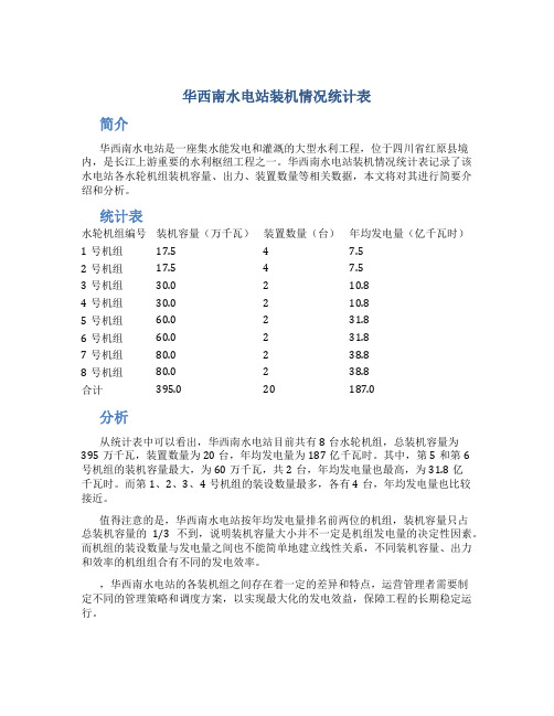 华西南水电站装机情况统计表